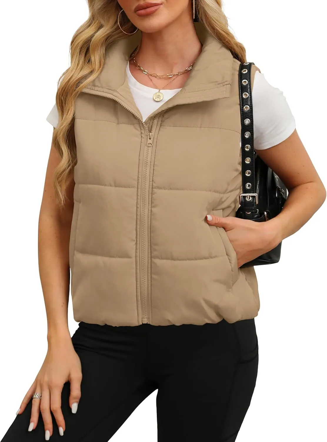 SAMPEEL Puffer Vest Women Cropped Stand Collar Lightweight Padded Outerwear Fall Winter Clothes Warm Zip Up with Pockets