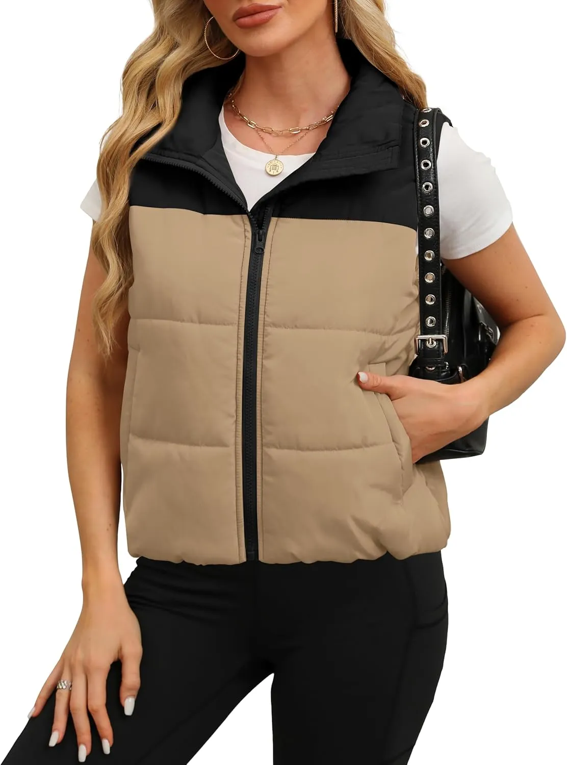 SAMPEEL Puffer Vest Women Cropped Stand Collar Lightweight Padded Outerwear Fall Winter Clothes Warm Zip Up with Pockets