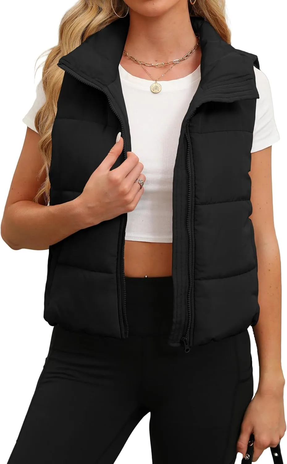SAMPEEL Puffer Vest Women Cropped Stand Collar Lightweight Padded Outerwear Fall Winter Clothes Warm Zip Up with Pockets