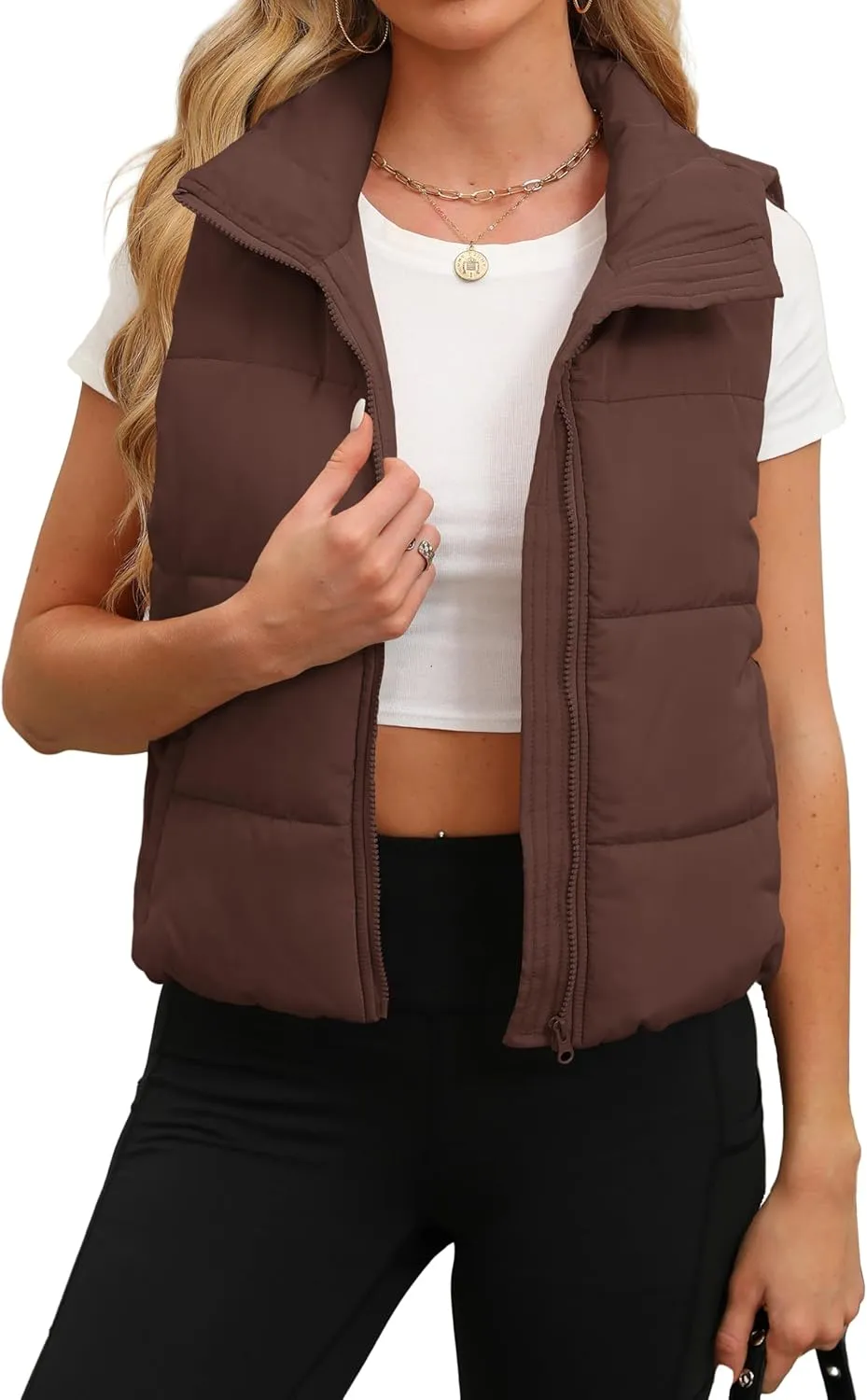 SAMPEEL Puffer Vest Women Cropped Stand Collar Lightweight Padded Outerwear Fall Winter Clothes Warm Zip Up with Pockets