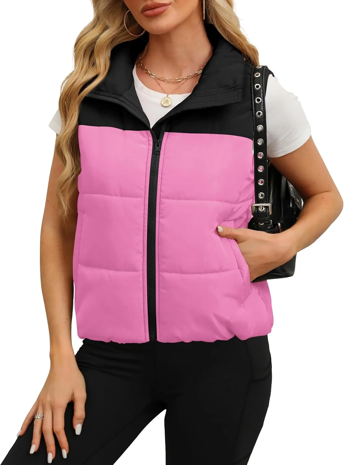 SAMPEEL Puffer Vest Women Cropped Stand Collar Lightweight Padded Outerwear Fall Winter Clothes Warm Zip Up with Pockets