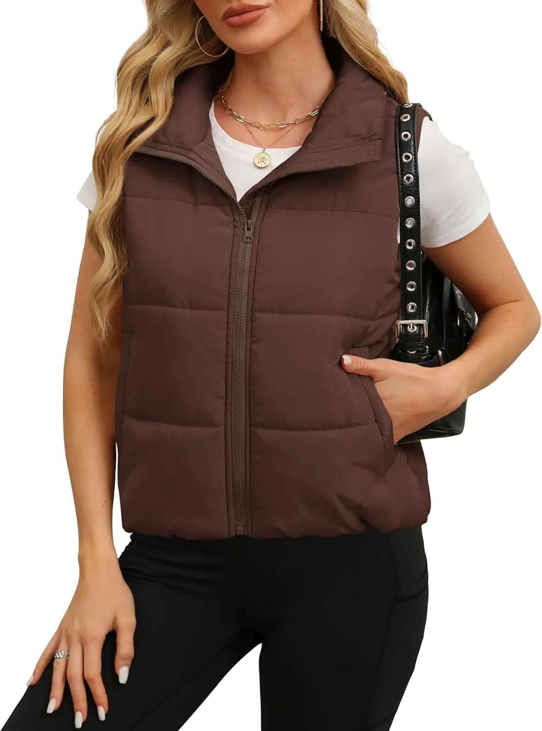 SAMPEEL Puffer Vest Women Cropped Stand Collar Lightweight Padded Outerwear Fall Winter Clothes Warm Zip Up with Pockets