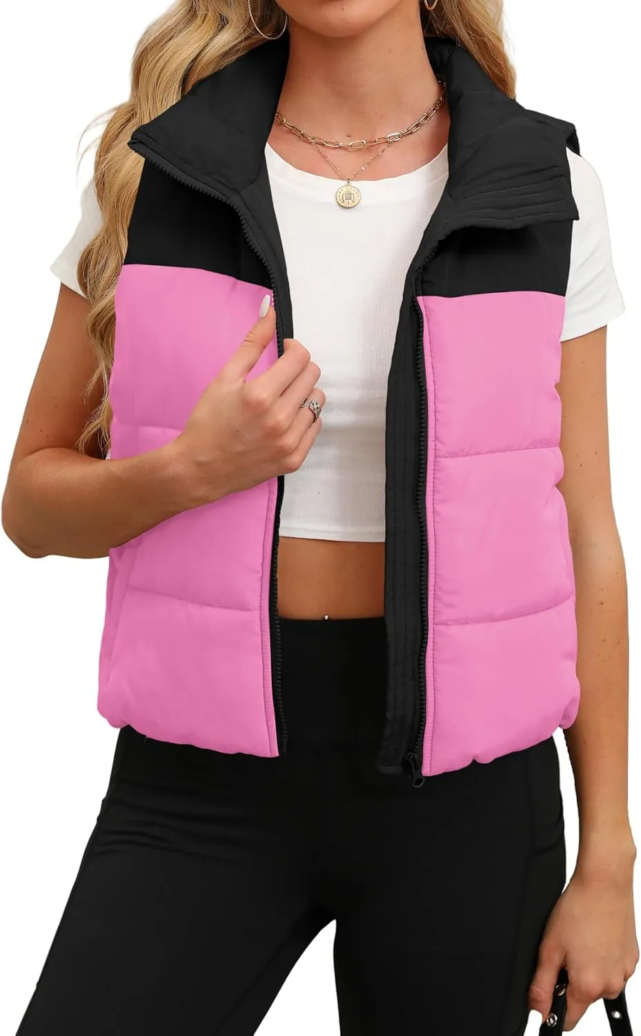 SAMPEEL Puffer Vest Women Cropped Stand Collar Lightweight Padded Outerwear Fall Winter Clothes Warm Zip Up with Pockets
