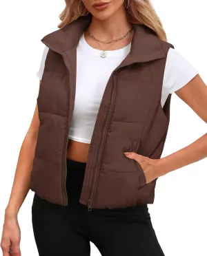 SAMPEEL Puffer Vest Women Cropped Stand Collar Lightweight Padded Outerwear Fall Winter Clothes Warm Zip Up with Pockets