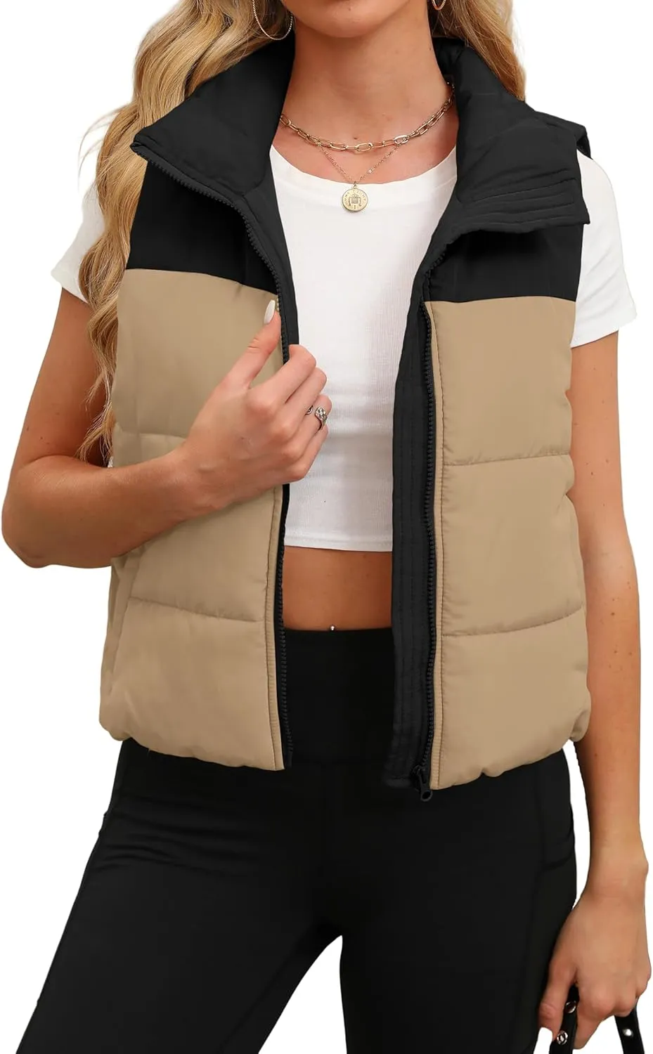 SAMPEEL Puffer Vest Women Cropped Stand Collar Lightweight Padded Outerwear Fall Winter Clothes Warm Zip Up with Pockets