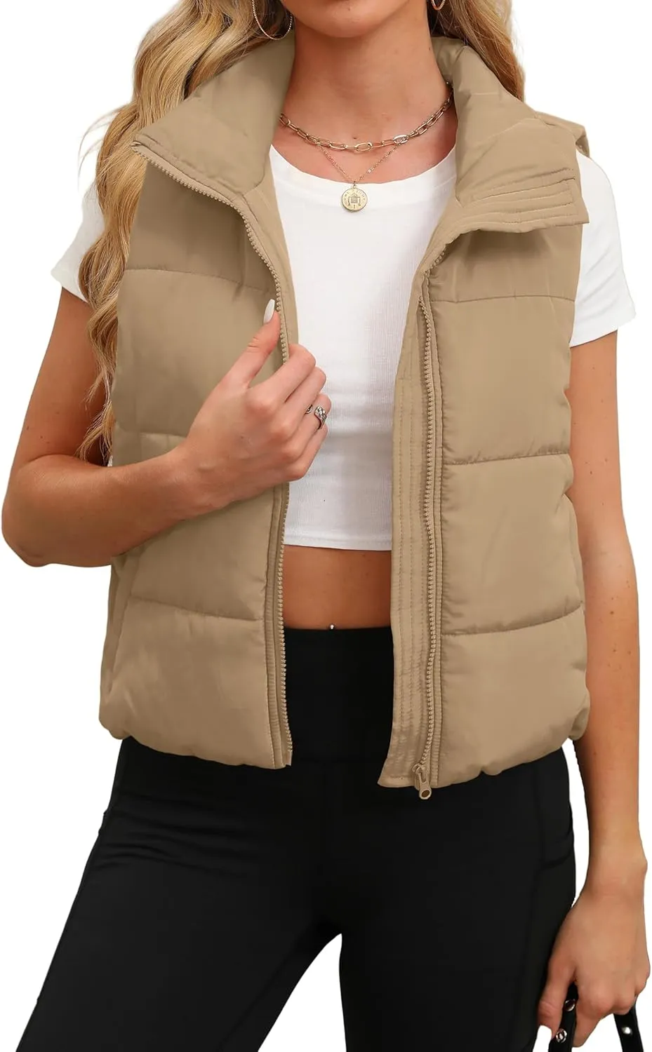 SAMPEEL Puffer Vest Women Cropped Stand Collar Lightweight Padded Outerwear Fall Winter Clothes Warm Zip Up with Pockets