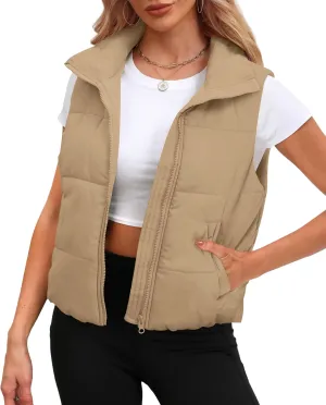 SAMPEEL Puffer Vest Women Cropped Stand Collar Lightweight Padded Outerwear Fall Winter Clothes Warm Zip Up with Pockets
