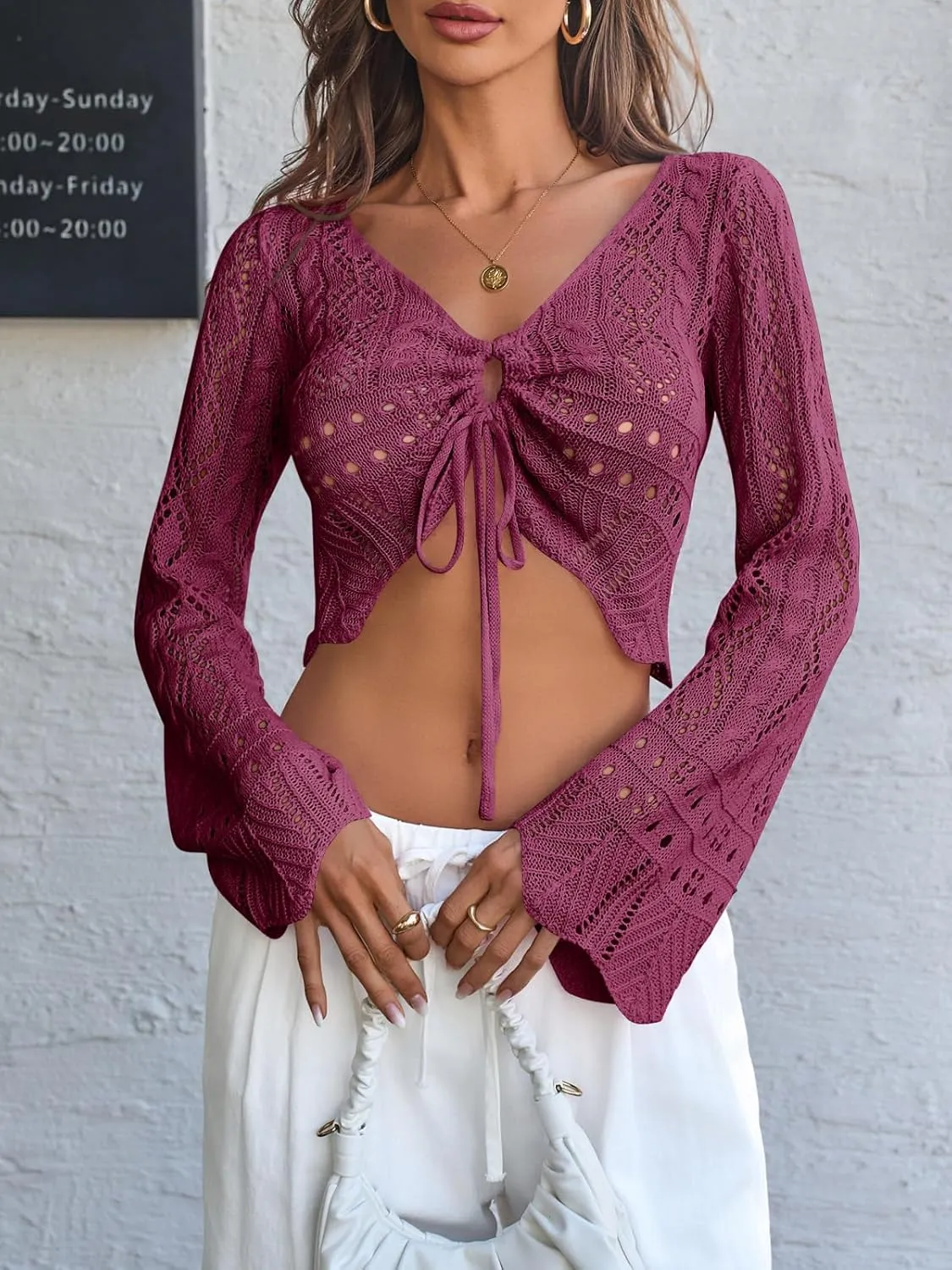 Saodimallsu Womens Crochet Crop Tops Tie Front Bell Long Sleeve Cardigan V Neck Lightweight Knit Shrug Sweaters