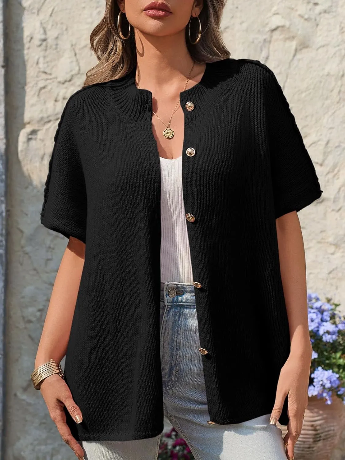 Saodimallsu Womens Oversized Cardigan Sweaters Short Sleeve Button Down Casual Lightweight Loose Knit Trendy Cardigans