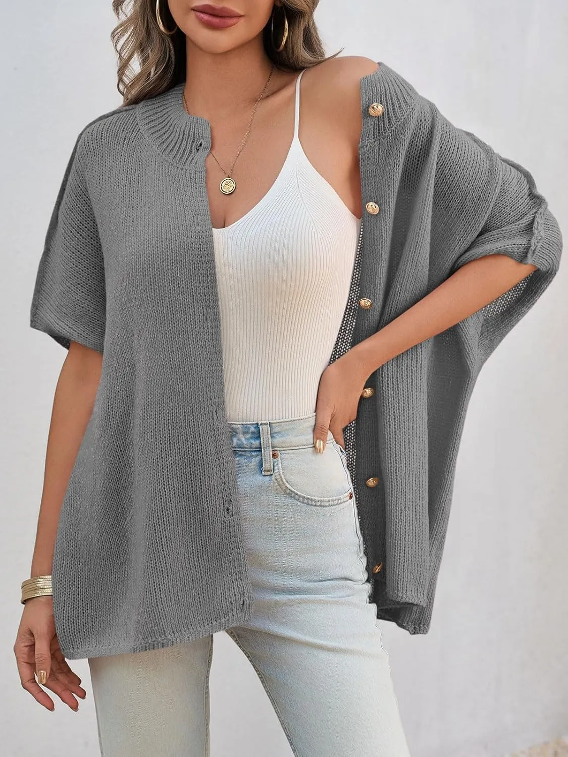 Saodimallsu Womens Oversized Cardigan Sweaters Short Sleeve Button Down Casual Lightweight Loose Knit Trendy Cardigans