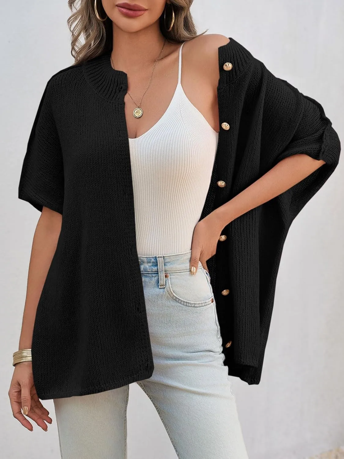 Saodimallsu Womens Oversized Cardigan Sweaters Short Sleeve Button Down Casual Lightweight Loose Knit Trendy Cardigans