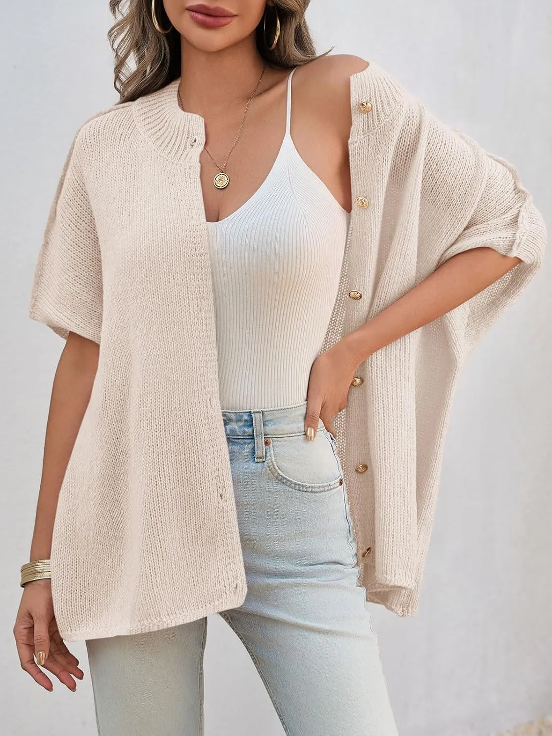 Saodimallsu Womens Oversized Cardigan Sweaters Short Sleeve Button Down Casual Lightweight Loose Knit Trendy Cardigans