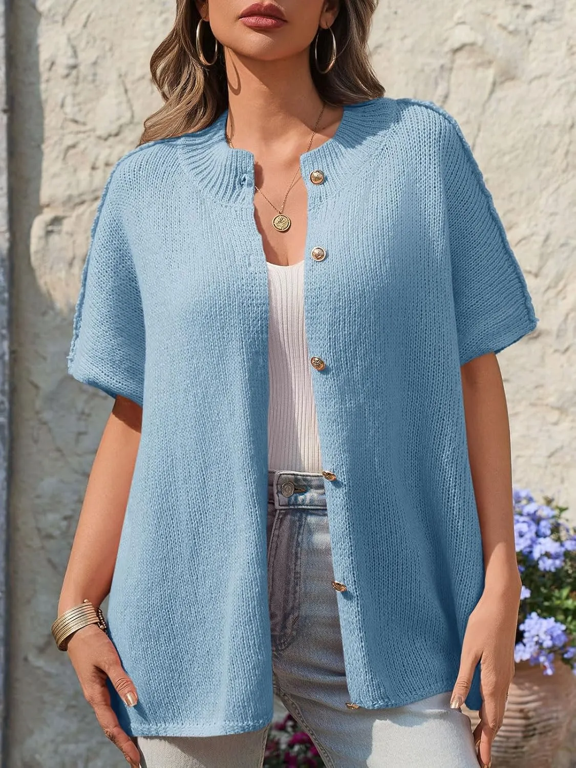 Saodimallsu Womens Oversized Cardigan Sweaters Short Sleeve Button Down Casual Lightweight Loose Knit Trendy Cardigans