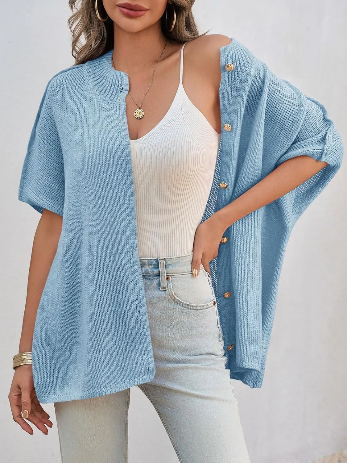Saodimallsu Womens Oversized Cardigan Sweaters Short Sleeve Button Down Casual Lightweight Loose Knit Trendy Cardigans
