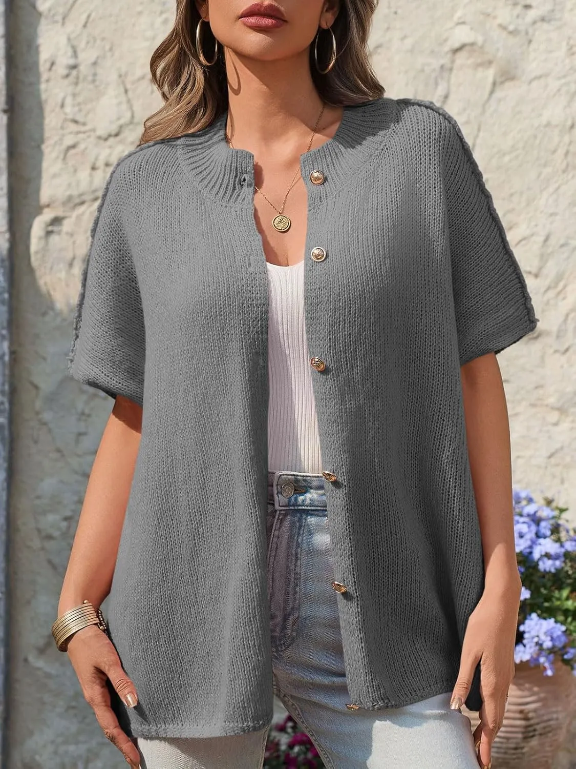 Saodimallsu Womens Oversized Cardigan Sweaters Short Sleeve Button Down Casual Lightweight Loose Knit Trendy Cardigans