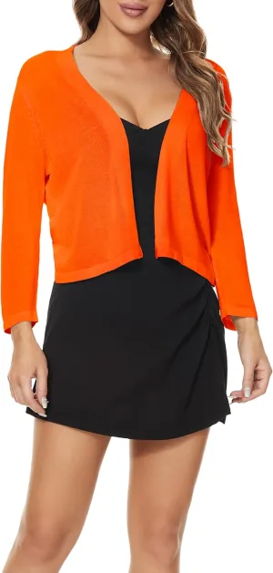 Satuun Women's 3/4 Sleeve Bolero Shrugs Lightweight Open Front Cropped Cardigan Sweaters
