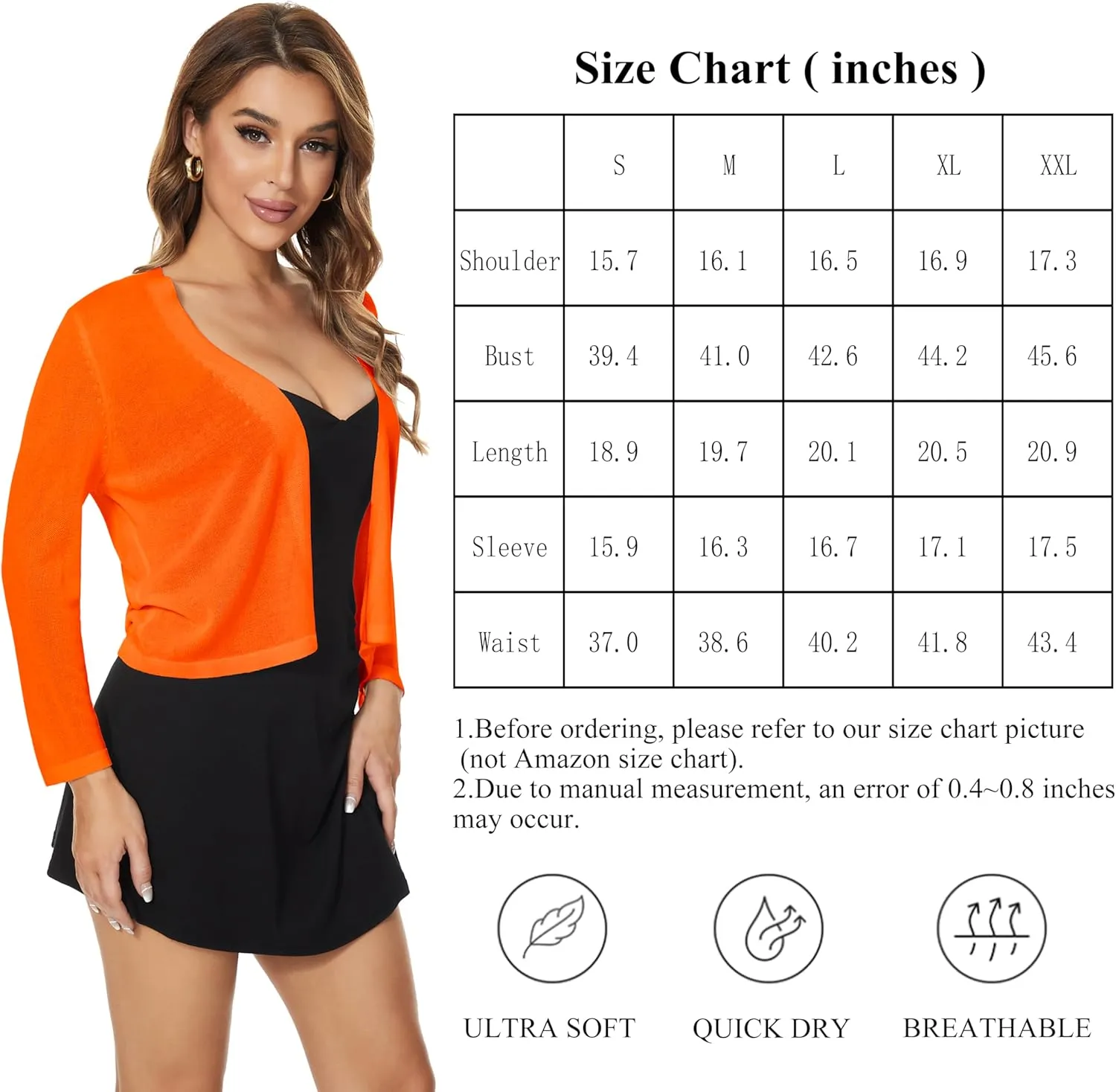 Satuun Women's 3/4 Sleeve Bolero Shrugs Lightweight Open Front Cropped Cardigan Sweaters