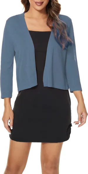 Satuun Women's 3/4 Sleeve Bolero Shrugs Lightweight Open Front Cropped Cardigan Sweaters