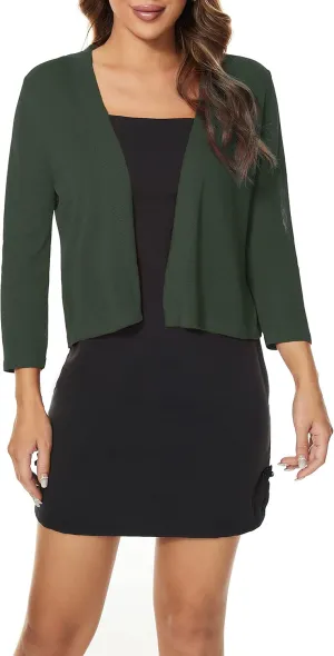 Satuun Women's 3/4 Sleeve Bolero Shrugs Lightweight Open Front Cropped Cardigan Sweaters