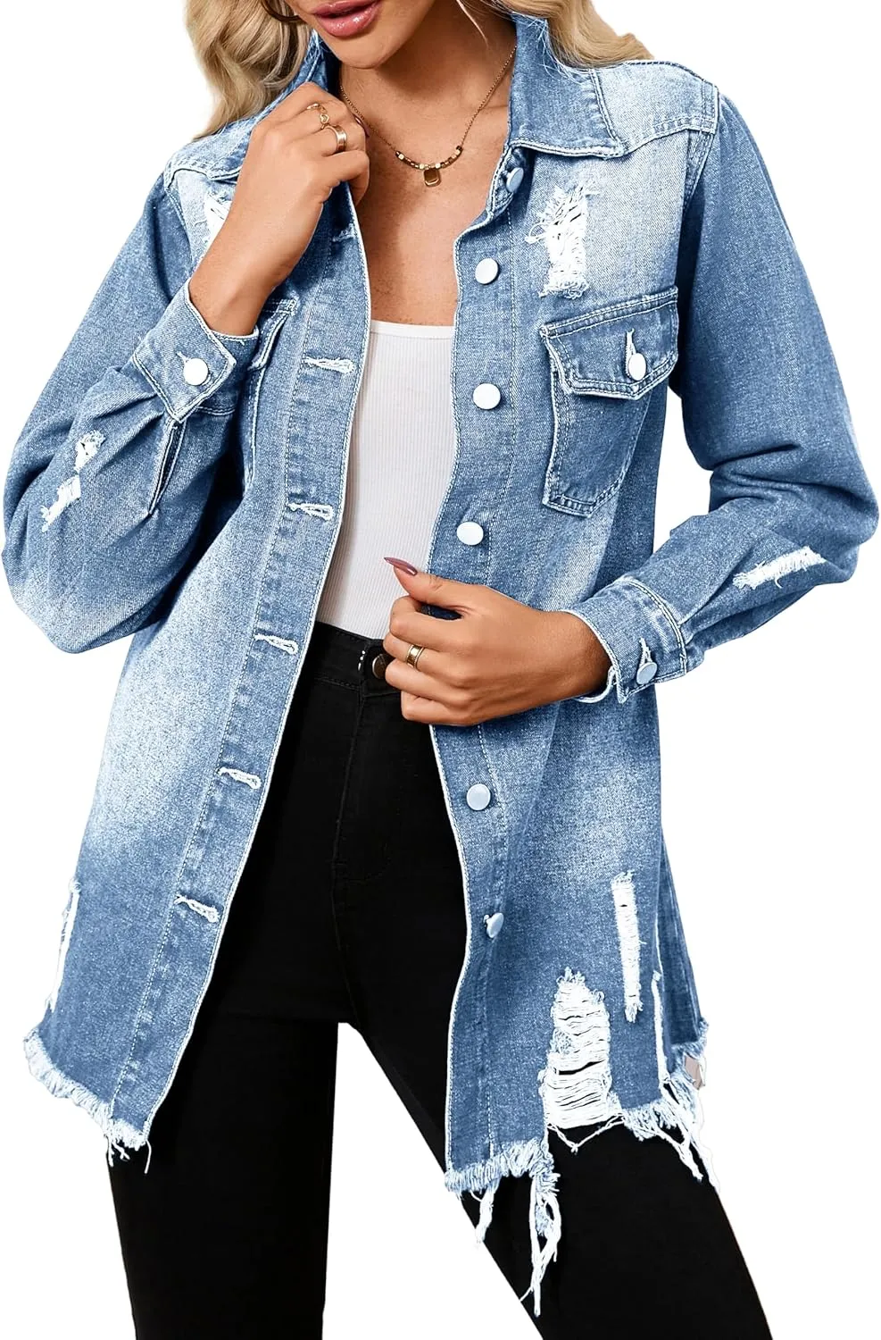 sexycherry Denim Jacket for Women Long Sleeve Classic Trucker Jeans Long Coat Outwear with Pockets