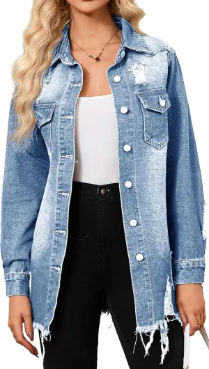 sexycherry Denim Jacket for Women Long Sleeve Classic Trucker Jeans Long Coat Outwear with Pockets