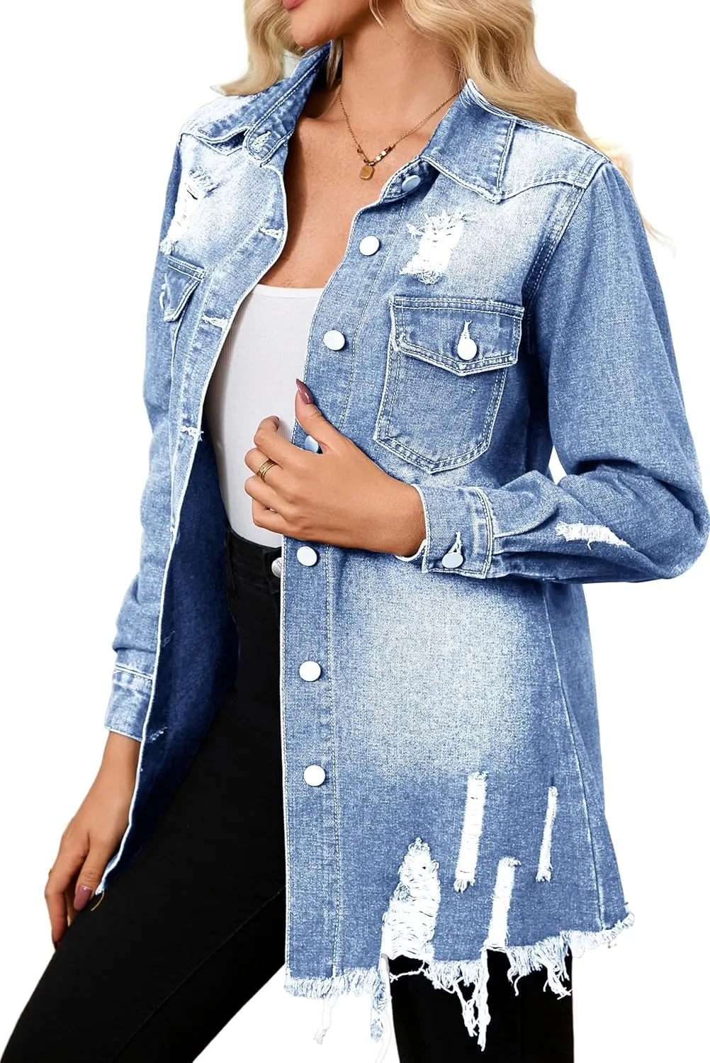 sexycherry Denim Jacket for Women Long Sleeve Classic Trucker Jeans Long Coat Outwear with Pockets