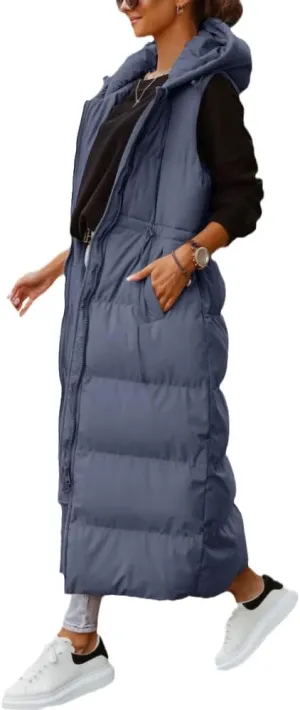 Shanfetl Women's Long Quilted Vest Hooded Maxi Length Sleeveless Puffer Vest Padded Coat Winter Outerwear