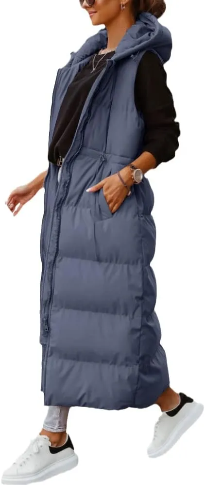 Shanfetl Women's Long Quilted Vest Hooded Maxi Length Sleeveless Puffer Vest Padded Coat Winter Outerwear