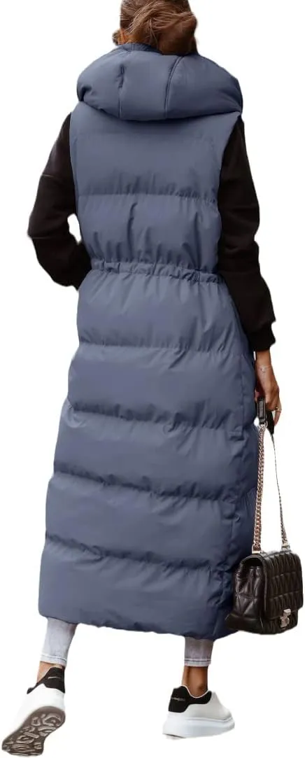 Shanfetl Women's Long Quilted Vest Hooded Maxi Length Sleeveless Puffer Vest Padded Coat Winter Outerwear