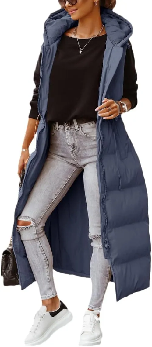 Shanfetl Women's Long Quilted Vest Hooded Maxi Length Sleeveless Puffer Vest Padded Coat Winter Outerwear