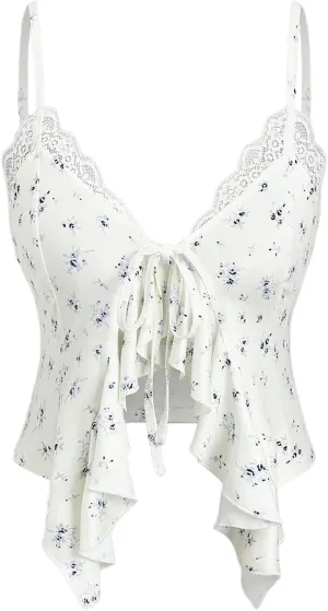 SHENHE Women's Tie Front Floral Lace Ruffle Cami Top Spaghetti Strap Cropped Camisole