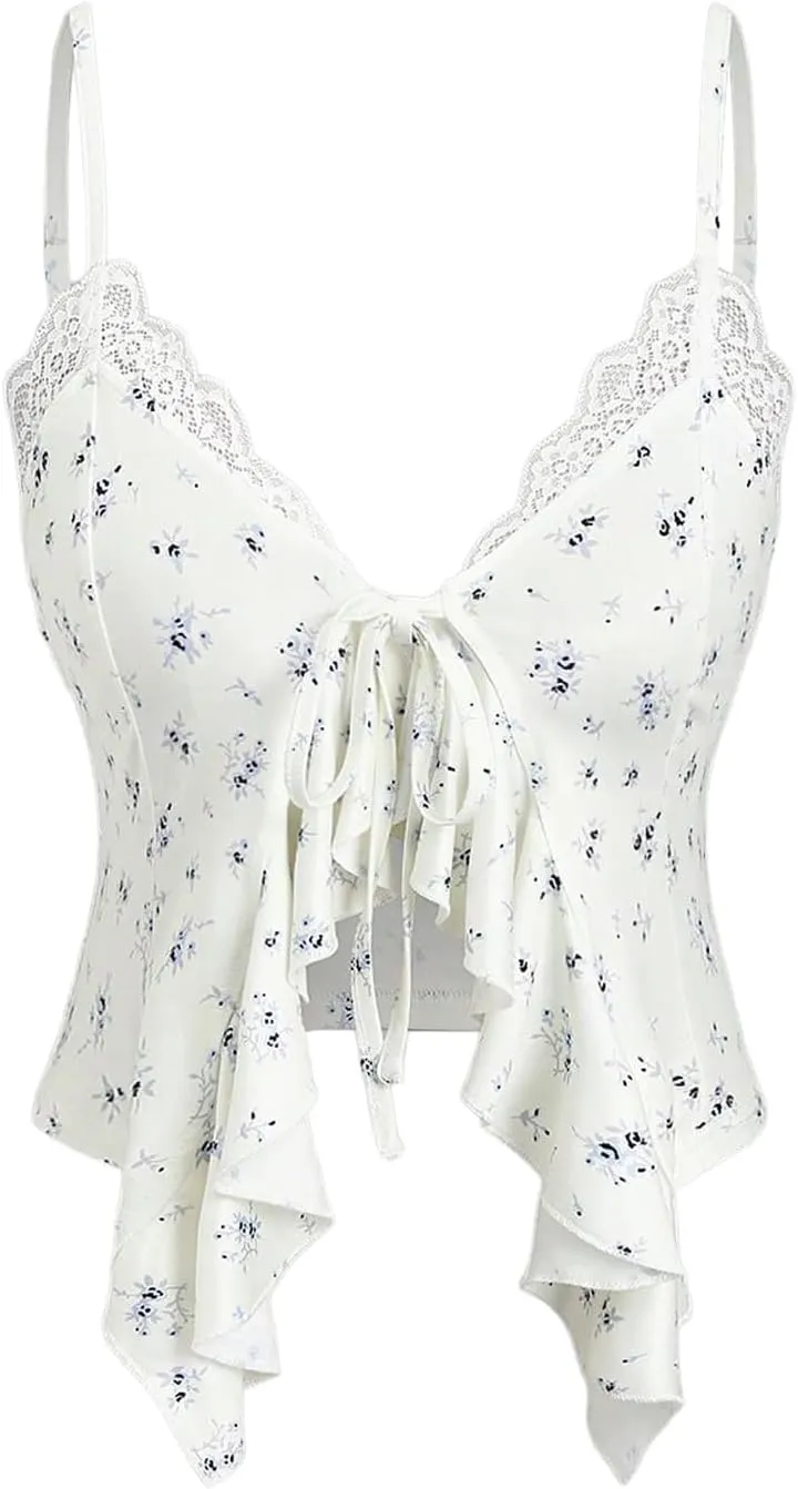 SHENHE Women's Tie Front Floral Lace Ruffle Cami Top Spaghetti Strap Cropped Camisole