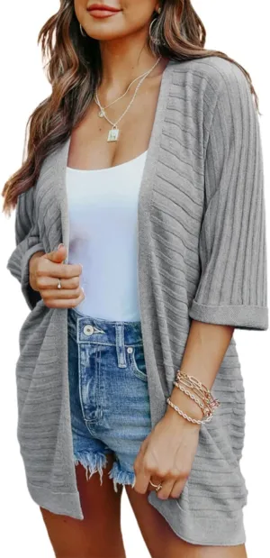 SHEWIN Women's Casual 3/4 Short Sleeve Open Front Lightweight Cable Knit Kimono Cardigan Sweaters