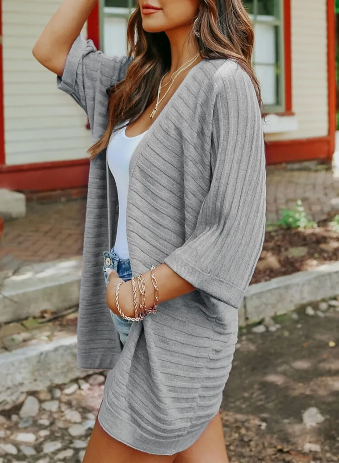 SHEWIN Women's Casual 3/4 Short Sleeve Open Front Lightweight Cable Knit Kimono Cardigan Sweaters