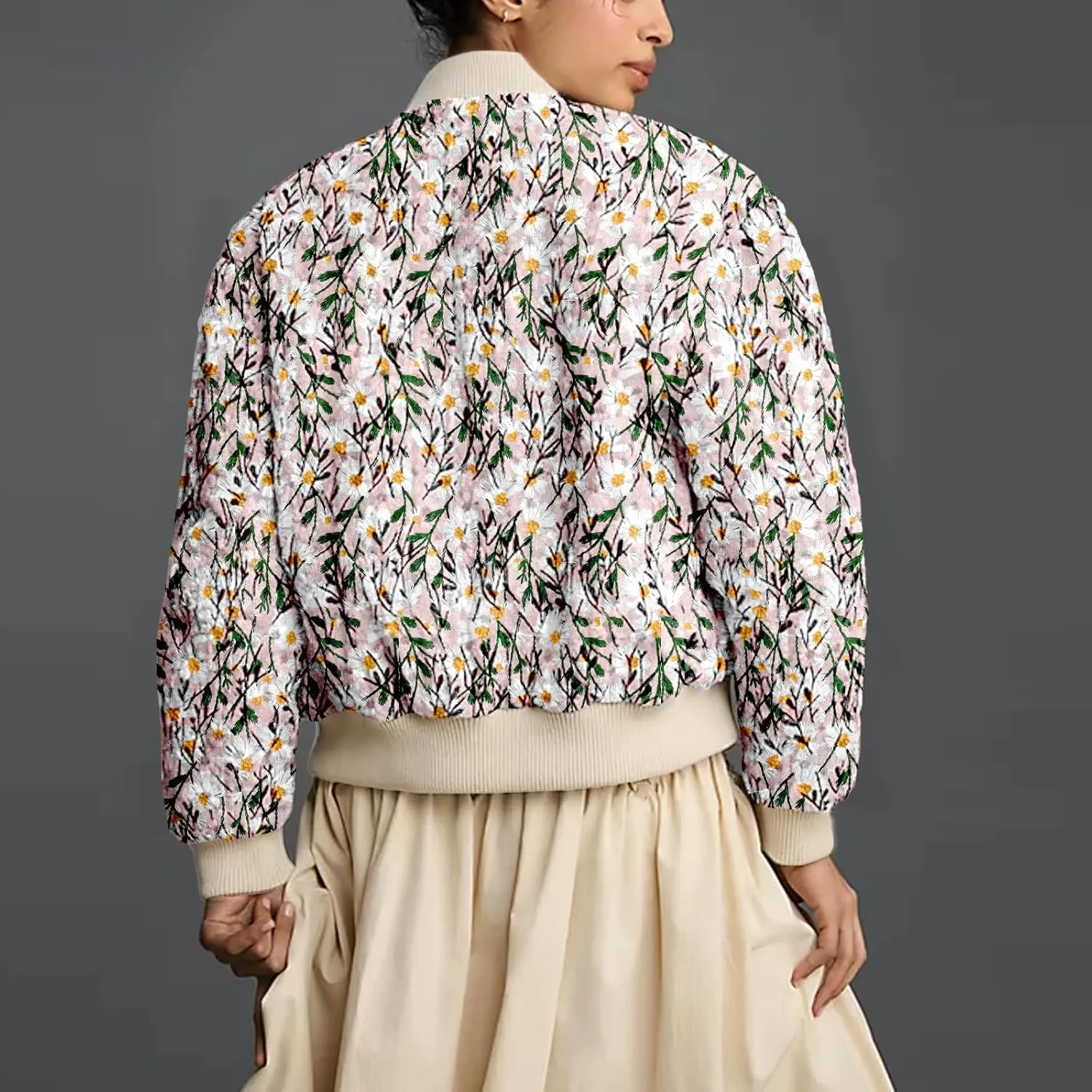 Shiyifa Women's Embroidered Daisy Cropped Bomber Jacket Long Sleeve Zipper Down Cotton Padded Coat Outerwear