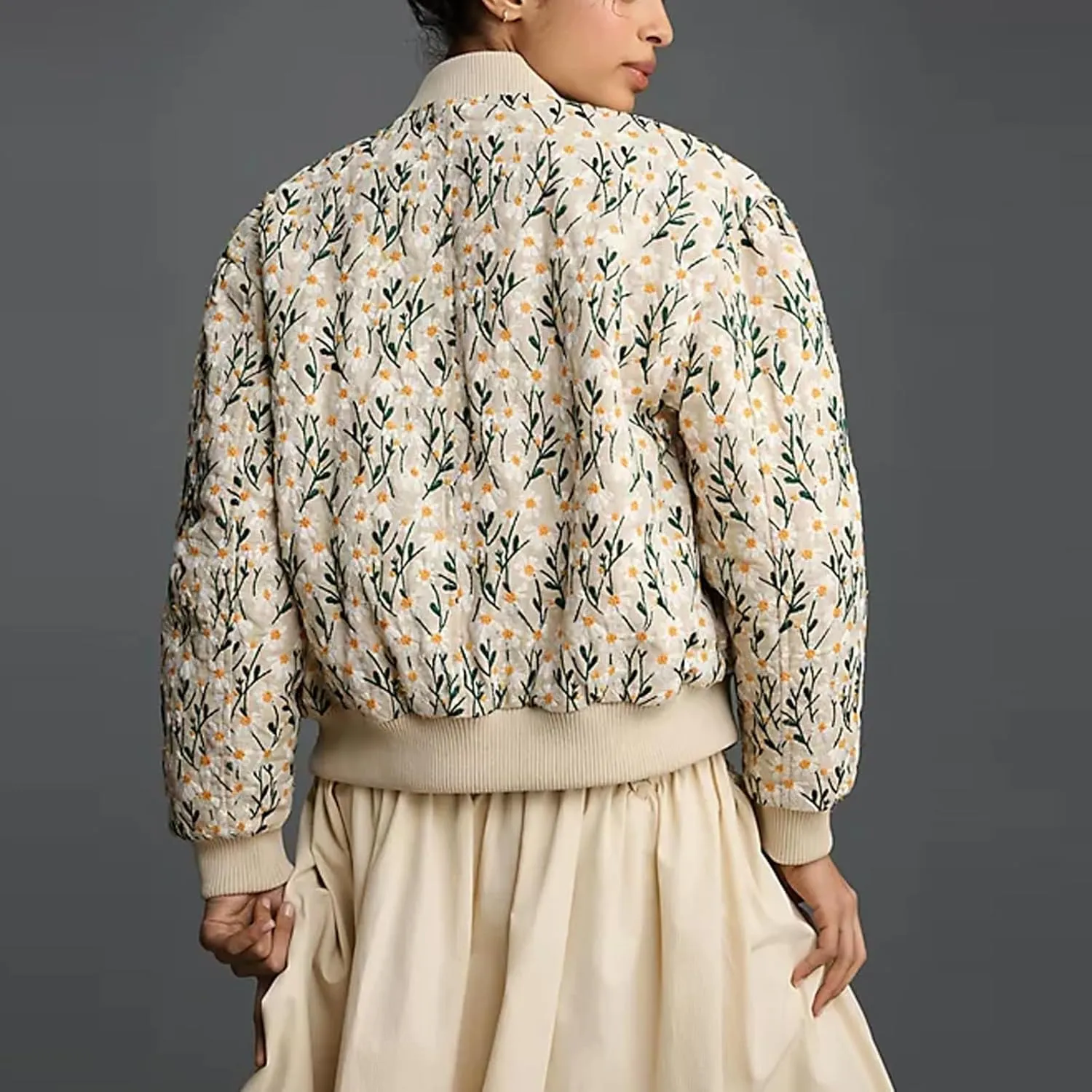 Shiyifa Women's Embroidered Daisy Cropped Bomber Jacket Long Sleeve Zipper Down Cotton Padded Coat Outerwear