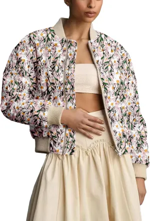 Shiyifa Women's Embroidered Daisy Cropped Bomber Jacket Long Sleeve Zipper Down Cotton Padded Coat Outerwear