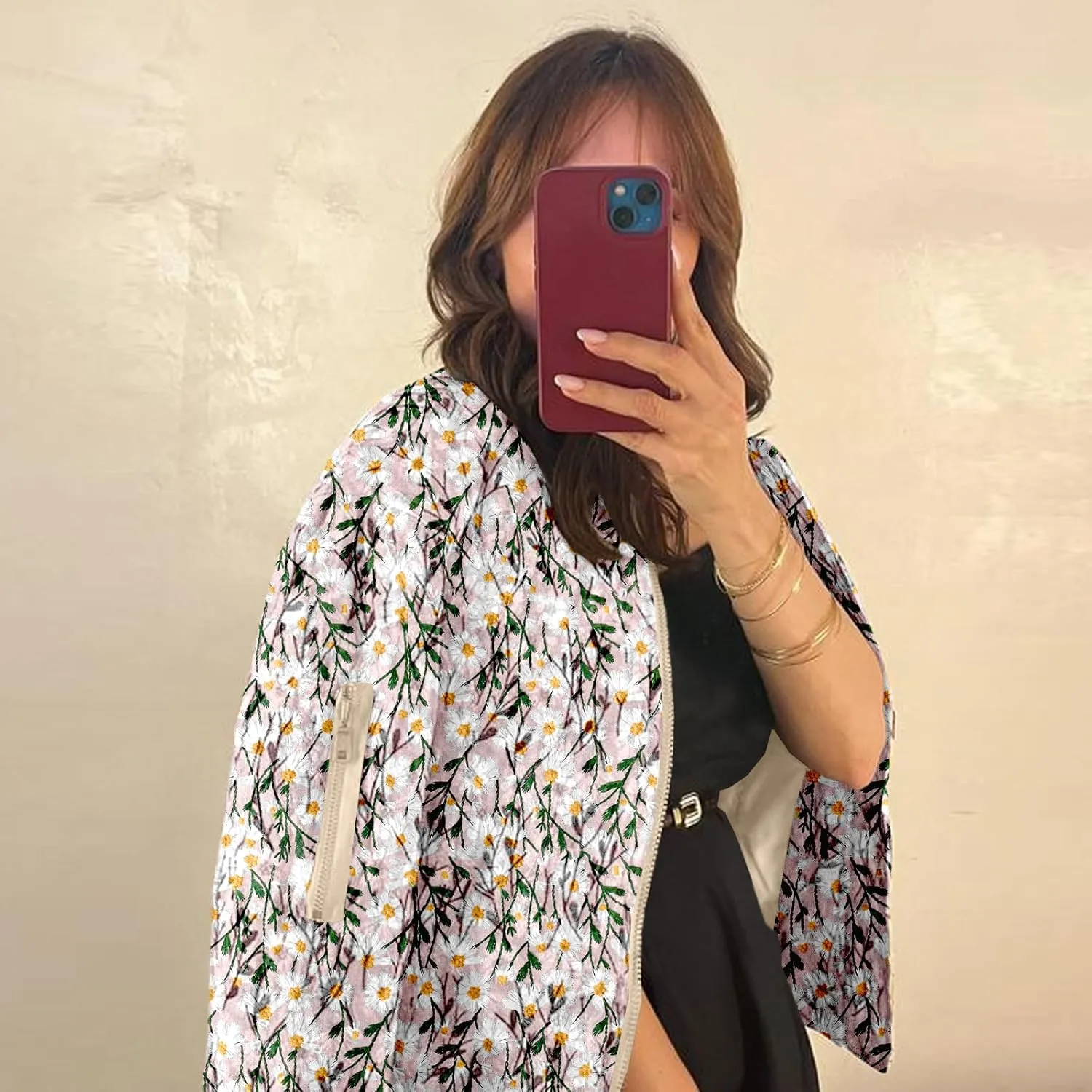 Shiyifa Women's Embroidered Daisy Cropped Bomber Jacket Long Sleeve Zipper Down Cotton Padded Coat Outerwear