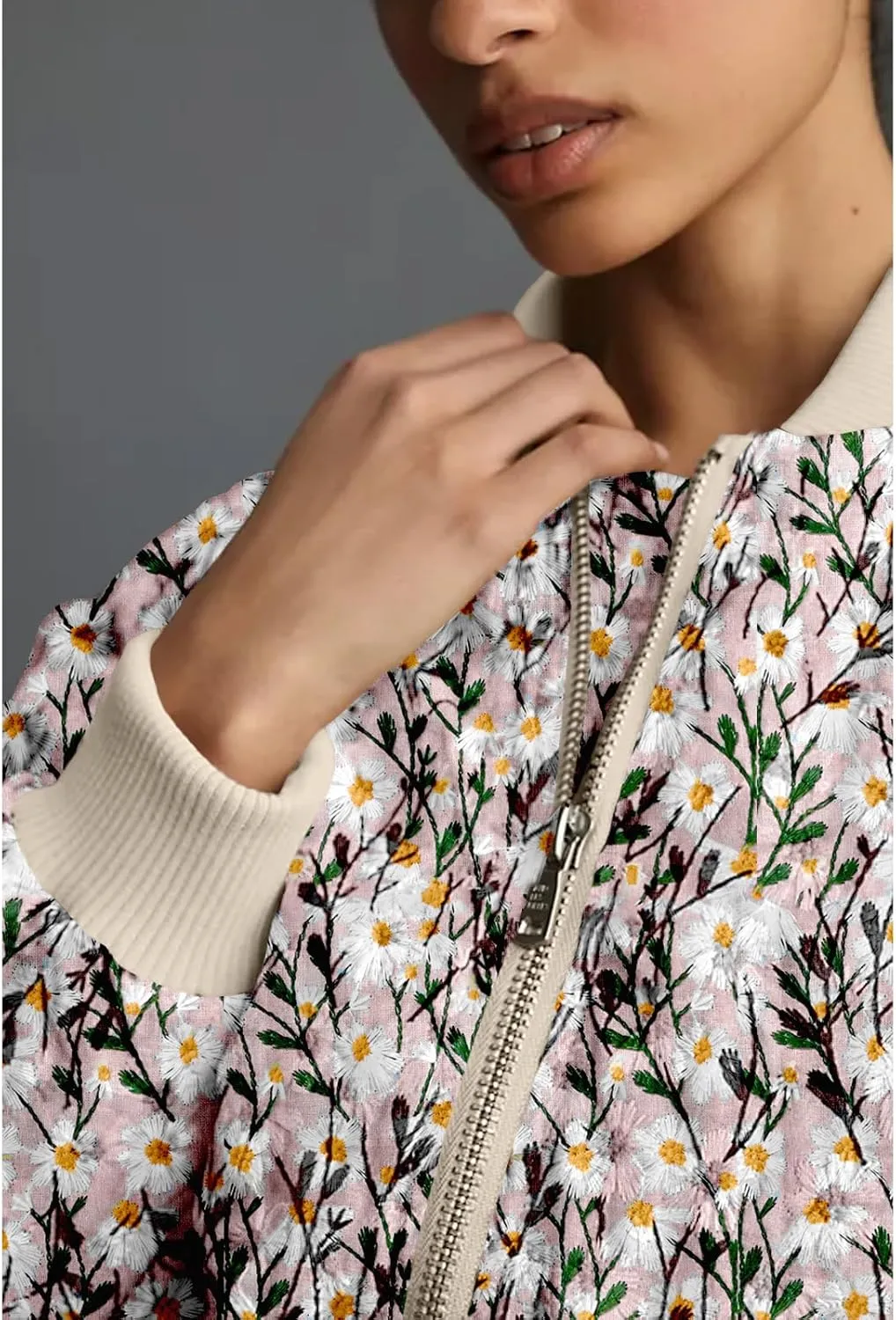 Shiyifa Women's Embroidered Daisy Cropped Bomber Jacket Long Sleeve Zipper Down Cotton Padded Coat Outerwear
