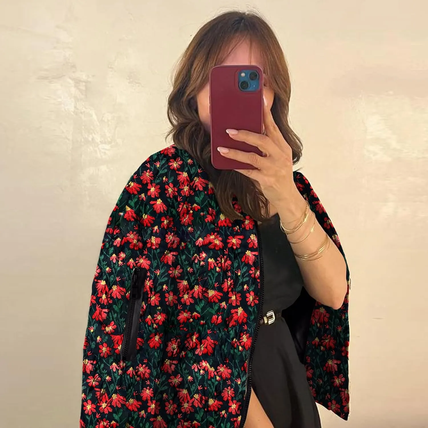 Shiyifa Women's Embroidered Daisy Cropped Bomber Jacket Long Sleeve Zipper Down Cotton Padded Coat Outerwear