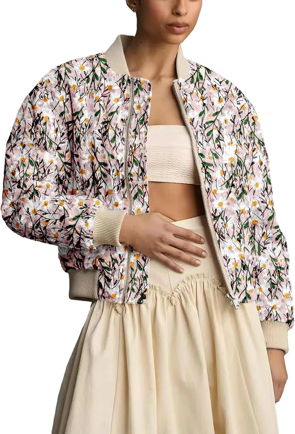Shiyifa Women's Embroidered Daisy Cropped Bomber Jacket Long Sleeve Zipper Down Cotton Padded Coat Outerwear