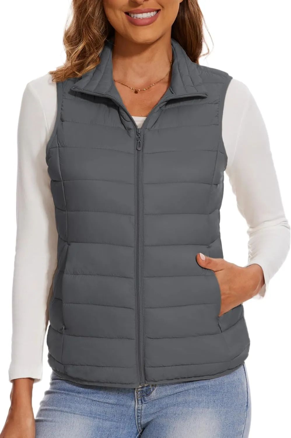 SMENG Women's Lightweight Quilted Puffer Vest Sleeveless Stand Collar Zip-Up Padded Outerwear Gilet