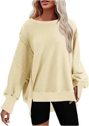 SMIDOW Womens Oversized Crewneck Sweatshirts Loose Fit Solid Color Corded Pullover Tops Fall Fashion Comfort Clothes