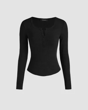 Solid Knit Symmetrical Neck Cut Out Long Sleeve Black Top
