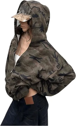 SOLY HUX Women's Zip Up Camo Sweatshirt Oversized Hoodies Y2k Hooded Jacket Outerwear Streetwear