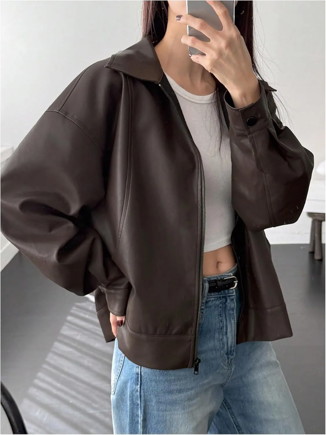 SOLY HUX Women's Zip Up Collared Faux Leather Motorcycle Jackets Causal Lightweight Oversized Outerwear Coat