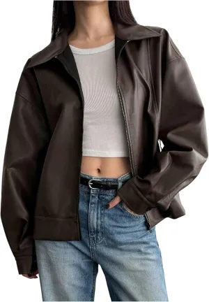 SOLY HUX Women's Zip Up Collared Faux Leather Motorcycle Jackets Causal Lightweight Oversized Outerwear Coat