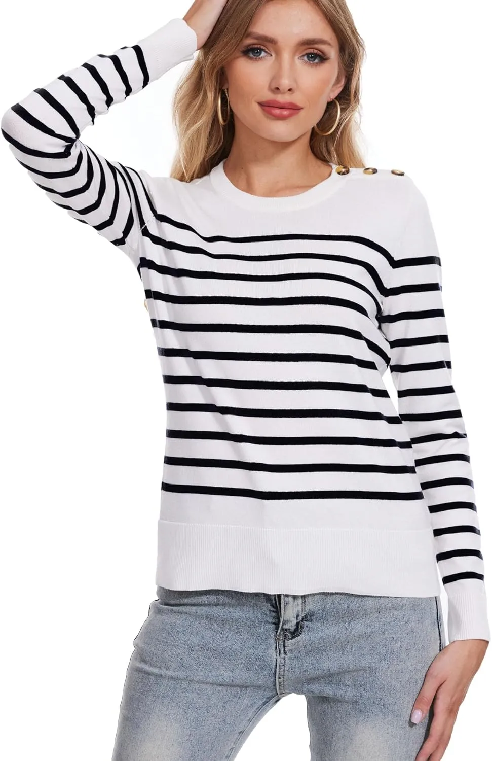 Spicy Sandia Women's Lightweight Long Sleeve Crew Neck Sweaters Striped Casual Knit Pullover Tops