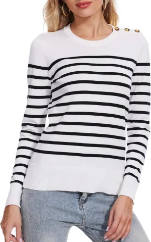 Spicy Sandia Women's Lightweight Long Sleeve Crew Neck Sweaters Striped Casual Knit Pullover Tops