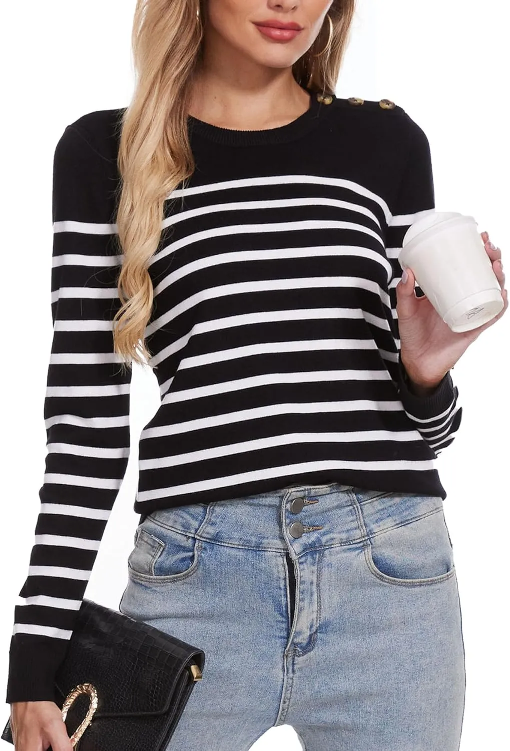 Spicy Sandia Women's Lightweight Long Sleeve Crew Neck Sweaters Striped Casual Knit Pullover Tops